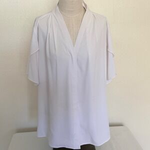 Calvin Klein Blouse Sx 3X White Flutter Sleeve Pleated V-Neck Professional Top